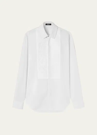 Versace Men's Button-down Shirt With Baroque Bib In Optical White