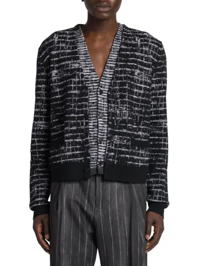 Versace Men's Checkered Wool V Neck Cardigan In Black