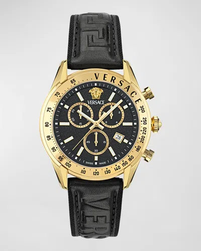 Versace Men's Chrono Master Ip Yellow Gold Leather-strap Watch, 44mm