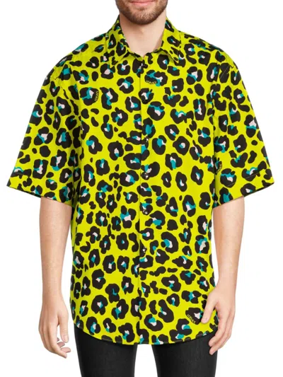 Versace Informal Shirt Tessuto Popeline Cotone Stampa Leopard Allover In Yellow