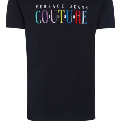 Versace Men Colorful Logo Short Sleeve Cotton T-shirt In Black