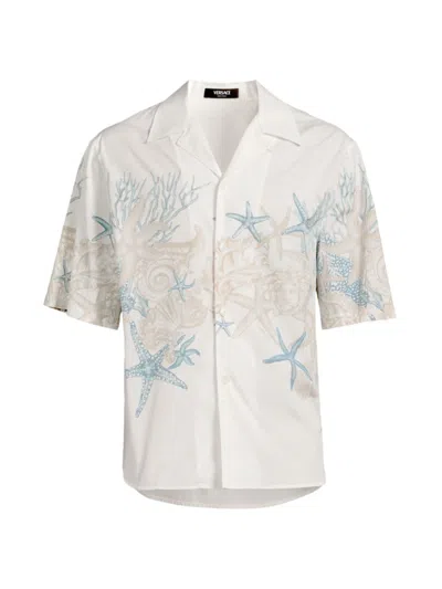 Versace Men's Coral & Starfish Cotton Camp Shirt In White Dusty Blue Bone