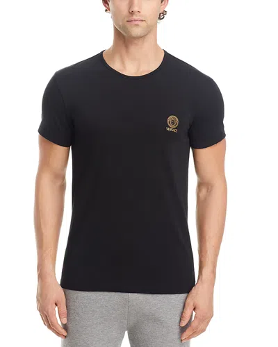Versace Black Crewneck T-shirt With Medusa Logo Print In Stretch Cotton Man