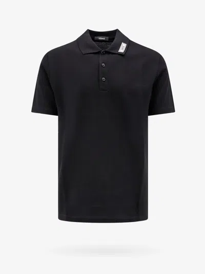 Versace Men Cotton Shirt Polo With Logoed Label In Black