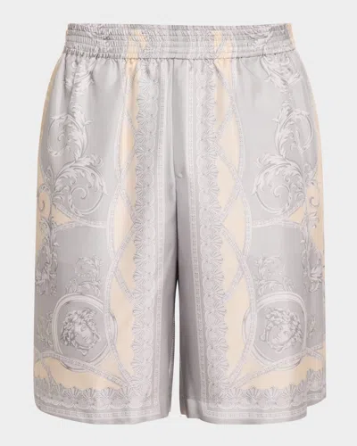 Versace Men's Coupe Des Dieux Silk Shorts In Silver Greychampagn