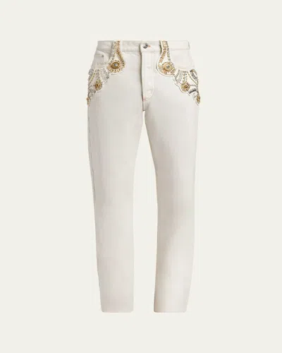 Versace Men's Crystal-embroidered Straight-leg Denim Jeans In Off White