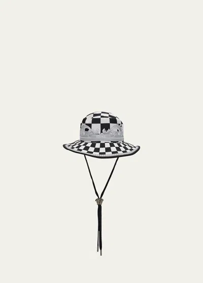Versace Men's Damier-print Logo Bucket Hat In Blackwhitesilver