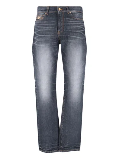 Versace Men's Denim Jeans With Calf Leather Trim In Blue