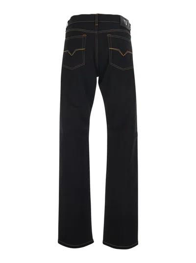 Versace Men's Denim Jeans With Five-pocket Design And Back Logo Patch In Black