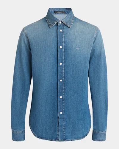 Versace Medusa Patch Denim Snap-up Shirt In Blue