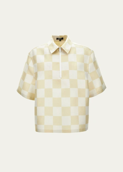 Versace Men's Duchesse Checkerboard Quarter-zip Shirt In Light Sandwhite