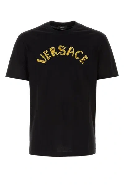 Versace Luxurious Baroque Embroidered Crewneck T-shirt For Men In Black