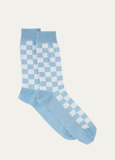 Versace Men's Embroidered Damier Crew Socks In Pastel Blue/white