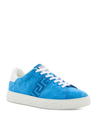Versace Men's Embroidered La Greca Suede Sneakers In Blue