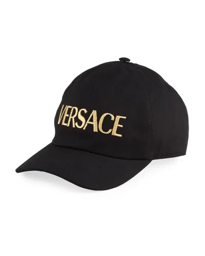 Versace Men's Embroidered Logo Baseball Hat In Black/gold