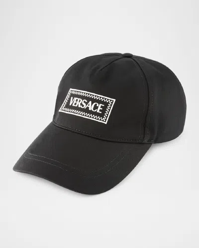 Versace Men's Embroidered Logo Tag Baseball Cap In Black