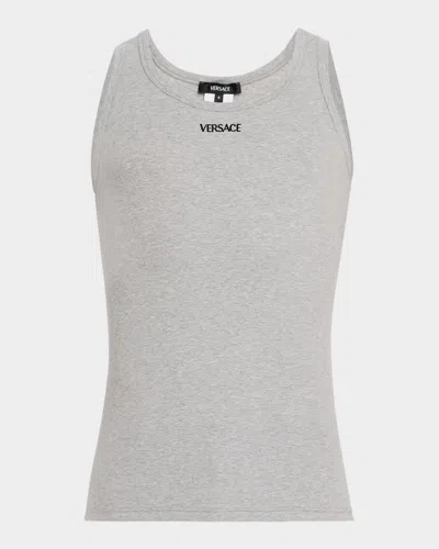 Versace Men's Embroidered Logo Tank Top In Gray