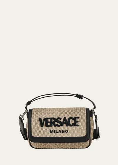 Versace Men's Embroidered Raffia Mini Crossbody Bag In Brown