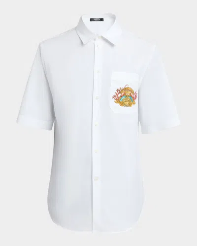 Versace Men's Embroidered Theatre Crest Short-sleeve Shirt