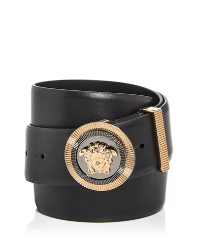 Versace Men's Enamel Medusa Biggie Leather Belt In Nero- Gold