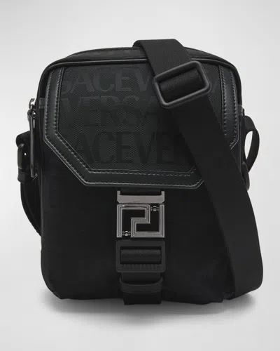 Versace Men's Fabric Logo Messenger Bag In Black-ruthenium