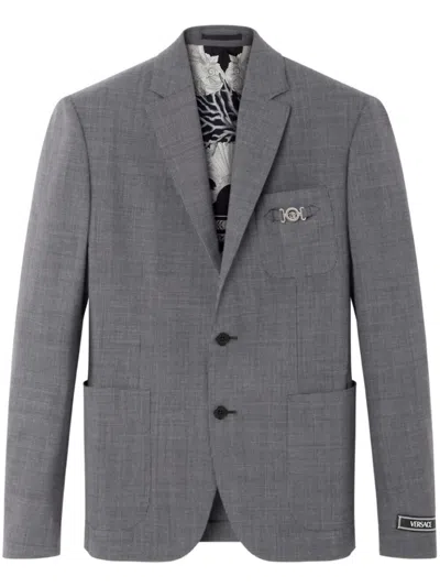 Versace Men Formal Jacket Micro Pattern Wool Fabric In Gray