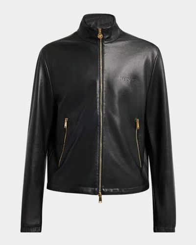 Versace Men's Full-zip Leather Jacket In Black