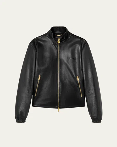 Versace Men's Full-zip Leather Jacket In Black