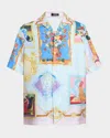 Versace Multicolored Silk Twill Short-sleeved Shirt With Artistic Motifs In Pastel Bluepastel P