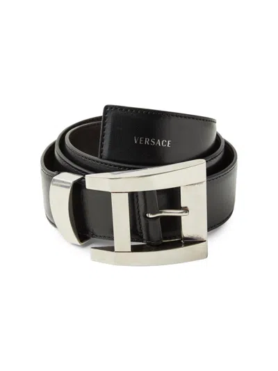 Versace Men's Geometric Buckle Leather Belt In Black Palladium
