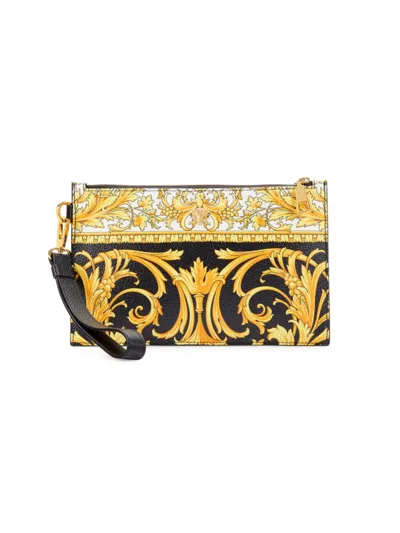 Versace Men's Grana Stamp Heritage Baroque Print Leather Wristlet Pouch In Black Gold