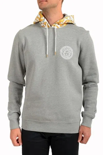 Pre-owned Versace Men's Gray & Barocco Medusa Embroidery Hooded Sweatshirt Hoodie In Gray/barocco