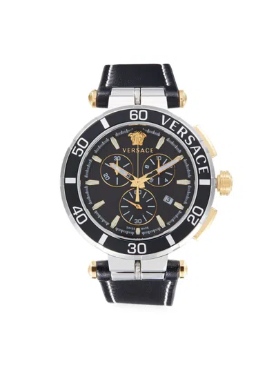 Versace Men's Greca Chrono 45mm Stainless Steel & Leather Strap Watch In Black