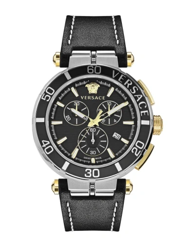 Versace Men's Chronograph Greca Black Leather Strap Watch 45mm In Multi