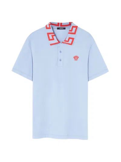 Versace Medusa Greca Polo Shirt In Blue Hydrangea Coral