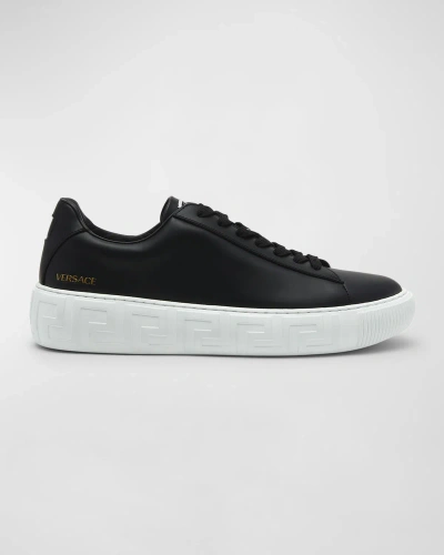 Versace Men's Greca Leather Low-top Sneakers In Black