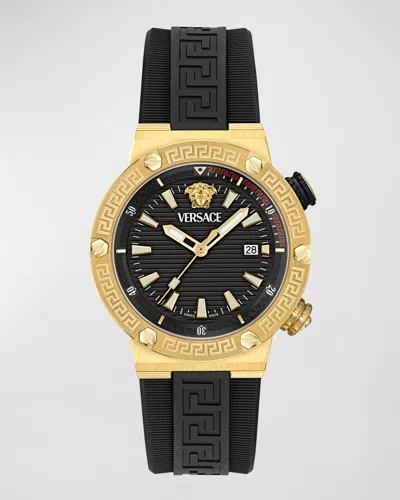 Versace Men's Greca Logo Ip Yellow Gold Polyurethane-strap Watch, 43mm In Black+gold