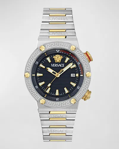 Versace Men's Greca Logo Two-tone Bracelet Watch, 43mm In Blue Silver