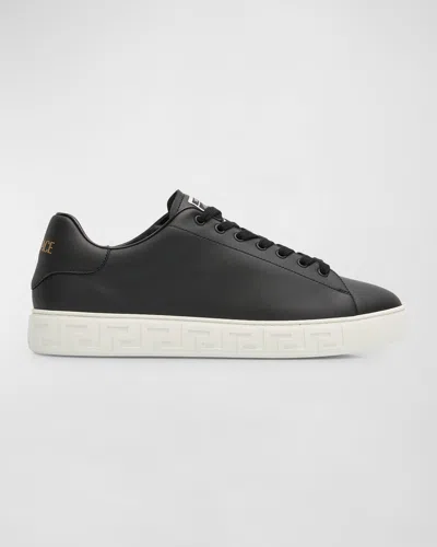 Versace Leather Sneakers With La Greca Detail In Black