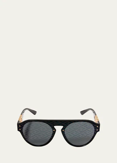 Versace Men's Greca Monogram Round Sunglasses In Black