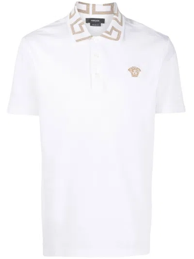 Versace Men Greca Organic Cotton Polo Shirt In White
