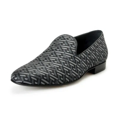 Pre-owned Versace Men's Greca Print Silk & Leather Slip On Loafers Shoes Us 12 It 45 In Black & Gray