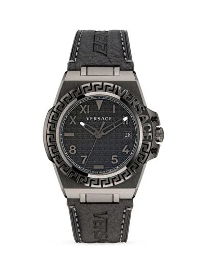 Versace Men's Greca Reaction 44mm Ip Gunmetal Stainless Steel Leather Strap Watch
