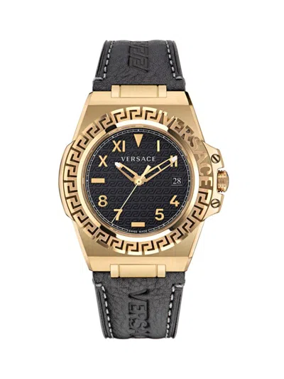 VERSACE MEN'S GRECA REACTION 44MM IP YELLOW GOLD STAINLESS STEEL CASE & LEATHER STRAP WATCH