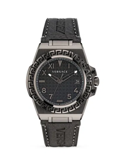 Versace Men's Greca Reaction Leather Strap Watch In Gunmetal