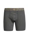 Versace Men's Greca Waistband Jersey Trunks In Gray