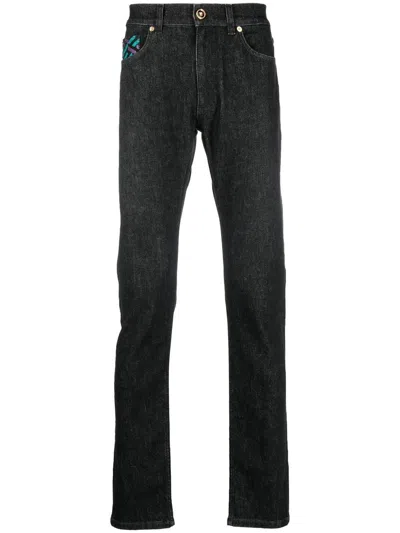 Versace Men's Greek-inspired Denim 5-pocket Jeans With Metal Accents In Blue