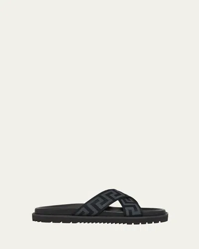 VERSACE MEN'S GREEK KEY CRISSCROSS SLIDE SANDALS