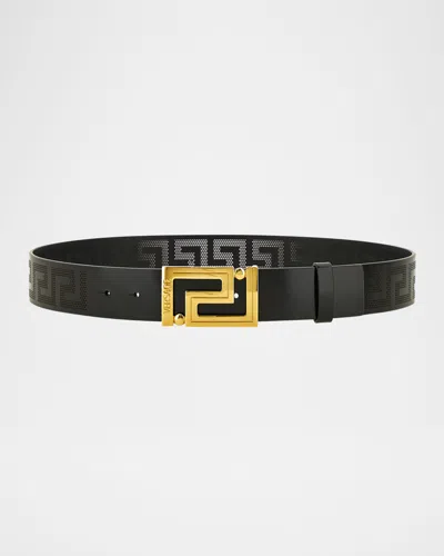 Versace Men's Greek Key Leather Belt In Black- Gold