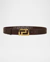 Versace Men's Greek Key Leather Belt In Dark Brown- Gold